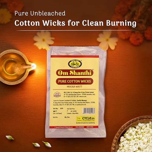 Image of Cycle Pure Om Shanthi Cotton Wicks Mogra Watt Round | 60N | Round Cotton Wicks for Diya and Daily Puja