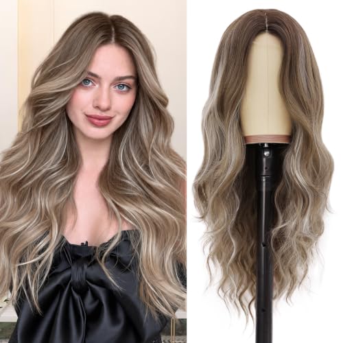 Image of NAYOO Ash Brown Wig for Women, 26 Inch Middle Part Wavy Synthetic Wig