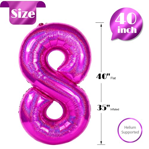 Image of Laser Hot Pink 8 Balloon, Number Balloons 40 Inch, 8th Birthday Decorations, Birthday Balloons, Laser Hot Pink Party Supplies, Number 8 Balloon