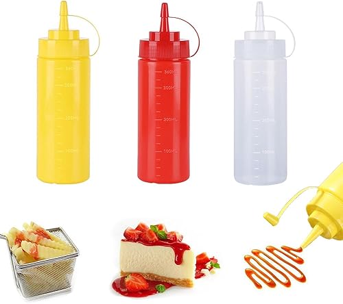Botellas de plástico de 3 colores de 12 onzas, botellas para apretar condimentos, botella multiusos para salsa de tomate, aceite, mermelada, salsa