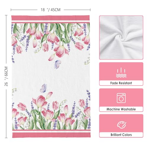 Image of Summer Pink Tulips Floral Kitchen Towels, Lavender Dish Towels Set of 2, Spring Butterfly Flowers 18 x 26 Inch Hand Towel Quick Drying Dishcloth Decor for Kitchen Bathroom Home