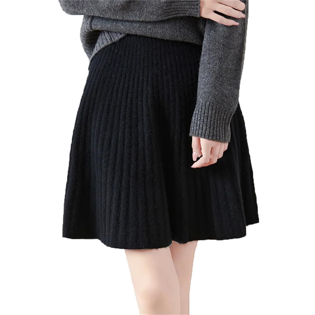 ERFMFKL Women Merino Knit Short Pleated Skirts Solid Color Office Sweater A-Line Sweater Skirt