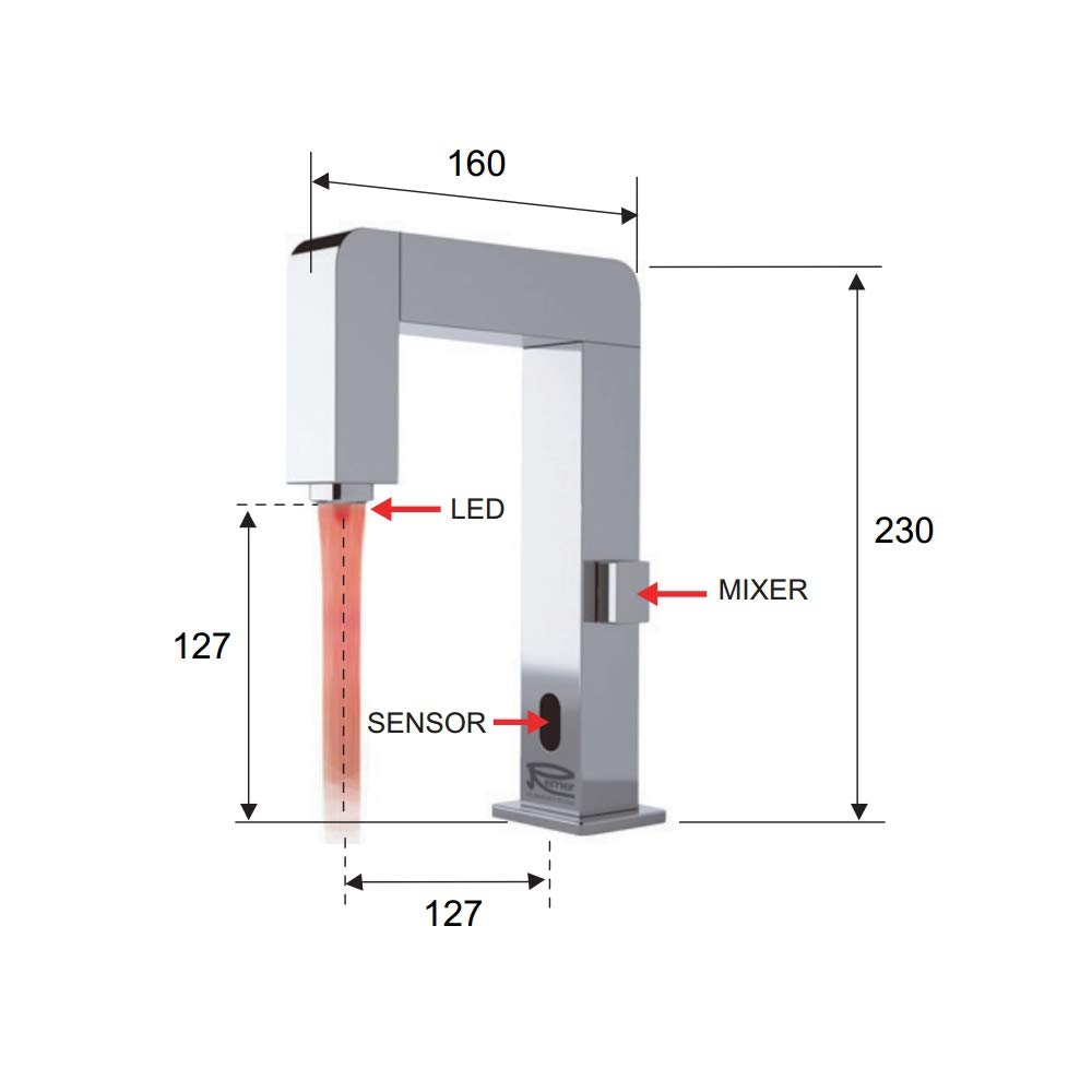 Miscelatore SENSOR ELETTRONICO LAVABO SE18R con luce led e con regolazione acqua caldo/freddo con dispositivo color a batterie