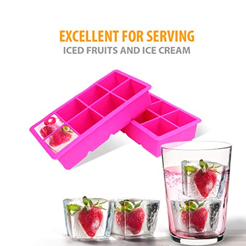 Bella Ice Cube Molds & Trays- Set Of 2 Silicone Extra Large Ice Mold Trays For 8 Square Ice Cubes Each. 2 Inch Jumbo Cavity Ice Cubes, Pink #TOP2