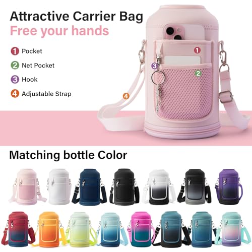 Insulated Water Bottle | Thickened Stainless Steel Vacuum Metal | Portable Sports Half Gallon Large Water Jug for Gym and Hiking with Straw, Carrier Bag, Handle Strap | BPA-Free 64 oz
