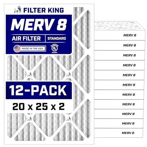 Filter King 20x25x2 Air Filter (MERV 8) (12-Pack) Dust & Allergy Control AC Furnace Filters, MADE IN USA, HVAC, Pleated, Electrostatic (Actual Size: 19.5 x 24.5 x 1.75)
