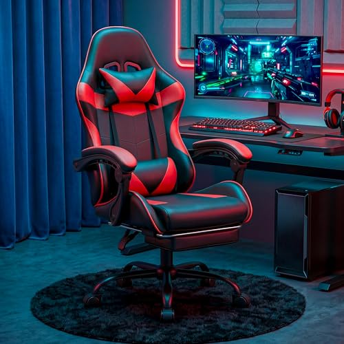 Image of Gaming Chair, Ergonomic Computer Chair with Footrest and Lumbar Support, Height Adjustable Office Chair with 360 Swivel Seat and Headrest (Red & Black)