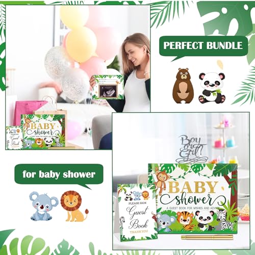 Image of Fuyoooo 27 Pcs Jungle Safari Baby Shower Guest Book Set Baby Shower Sign in Guest Floral Book Place Table Cards with Gold Pen Adhesive Photo Corner for Birthday Party