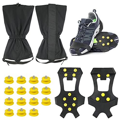 Fennoral Schuhspikes Schnee Spikes Winter Anti Rutsch Schuhkrallen EIS Spikes Wanderschuhe Gummi Steigeisen mit 15 Ersatzspikes 1 Paar Gamaschen für Outdoor Wandern Cover