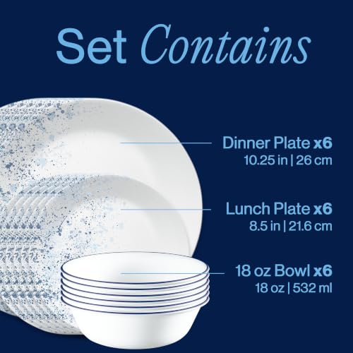 Image of Corelle Vitrelle 18-Piece Service for 6 Dinnerware Set Triple Layer Glass and Chip Resistant, Lightweight Round Plates and Bowls Set, Indigo Speckle