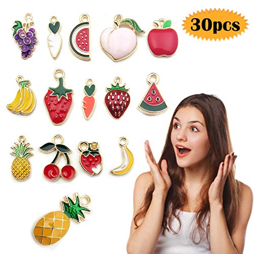 Colgante de fruta, 30 piezas de colgantes para bisutería, chapado en oro, esmaltado, piña, fresa, plátano, uva, fruta, colgante, para hacer joyas, collares, pulseras, pendientes