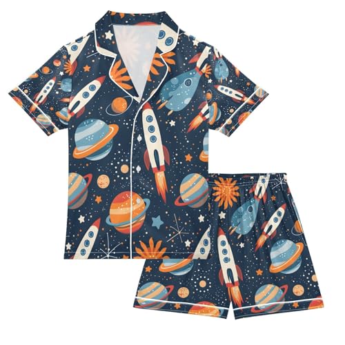 senya Rocket with Planet A Satin Summer Pajama Sets Silk Short Sleeve Button Down Sleepwear