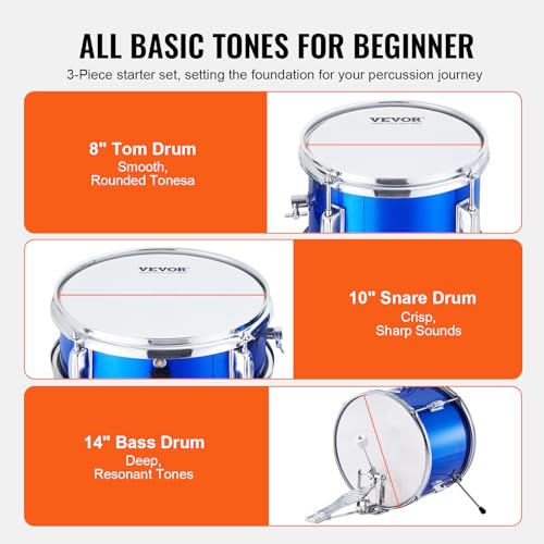 VEVOR Kids Drum Set, 3-Piece 14'' Beginner Drum Sets Junior Drums Set with Adjustable Throne, Two Pairs of Drumsticks, Cymbal, Pedal, Tom Snare Bass, Starter Drum Kit for Children Age 6-13 by VEVOR - Image 3