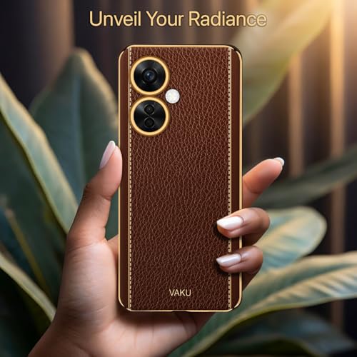 Image of Vaku Luxos Luxemberg Back Cover for OnePlus Nord CE 3 Lite 5G with Leather Pattern Gold Electroplated Soft TPU Cover Shockproof Protective Case- Brown