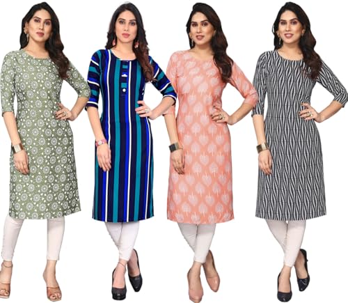Image of JAKHANA Women's Crepe Printed Casual Straight Calf Length Round Nick Kurta Pack of 4