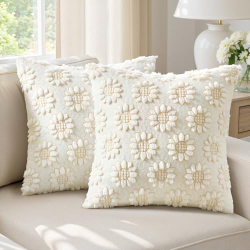 EMEMA Cream Floral Tufted Throw Pillow Covers, Set...