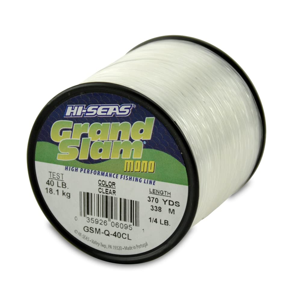 HI-SEAS Grand Slam Monofilament Fishing Line - Strong & Abrasion Resistant in Clear, Pink, Green, Smoke Blue, Fluorescent Yellow Freshwater & Saltwater - Quarter Pound Spool