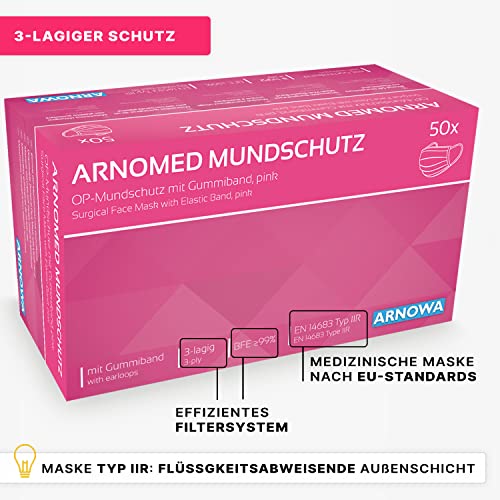 ARNOMED 50x Medizinische Mundschutzmaske Pink, CE Zertifizierte Op Maske, Medical Face Mask, Schutzmaske Mund & Nase, Einwegmasken, Chirugischer Mundschutz, Klinische Gesichtsmasken