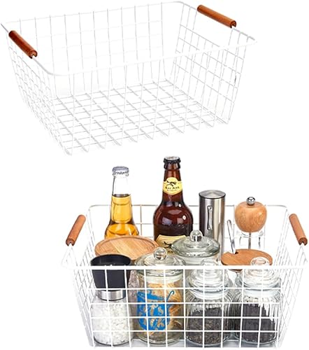 LeleCAT Cestas grandes de alambre blanco con asas de madera para despensa de almacenamiento, cestas organizadoras de almacenamiento, refrigerador