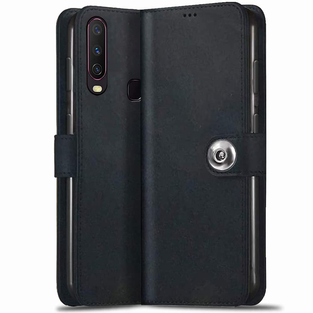 TheGiftKart Flip Back Cover Case for Vivo Y12 / Y15 / Y17 / U10 | Genuine Leather Finish | Designer Button | Inbuilt Pockets & Stand | Flip Cover for Vivo Y12 / Y15 / Y17 / U10 (Black) (B09NM1Z8B3) Amazon Price History, Amazon Price Tracker