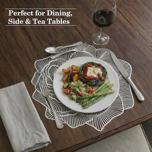 Image of Kuber Industries Leather Table Mats Set of 6 | Washable Placemat /Dining Table Mat for Wedding and Family Functions | Gulab Design - Silver
