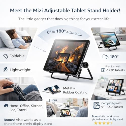 Image of Mizi Adjustable Tablet Stand Holder - Foldable Non-Slip Desk Cradle for 9-12.9 inch Tablets, iPad, Samsung Galaxy Tab, Kindle Fire & More - Multi-Angle Display Stand for Tablets, Photos & Frames - Black