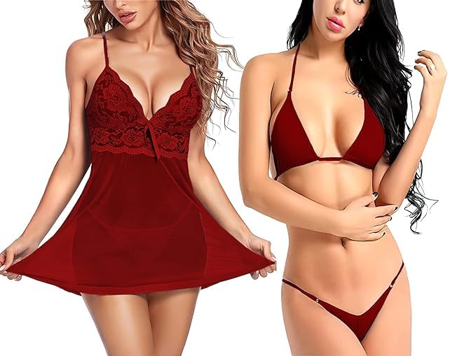 LOURYN KOULYN® Women Babydoll Lingerie Set for Honeymoon for Woman Thongs | Night Dress Above Knee Baby Doll Night Dress | Transparent Hot