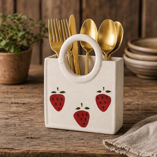 Image of Ceramic Utensil Holder, White Kitchen Organiser, Cutlery Set Holder (Strawberry)