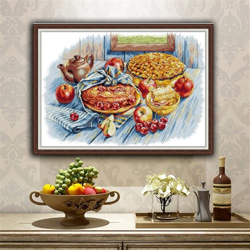 Image of JOYSEWING Bread Kitchen Printed Pattern Printed Cross Stitch kit Stamped Kits Counted Embroidery for Beginners DIY Needlepoint Craft Kits, Gift Home Decor (Apple Cherry Pie(14CT) 21.26 x15.75 inch)