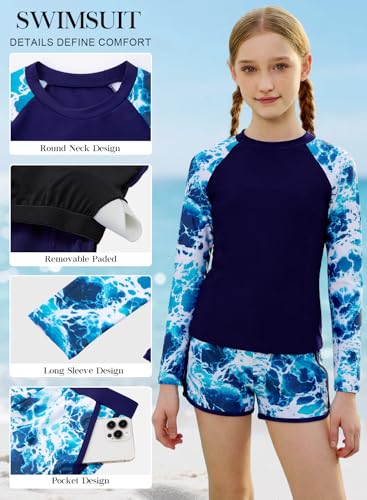 Image of Alakuoti Girls Rash Guard Swimsuit Two Piece Bathing Suit UPF 50+ Sun Protection Long Sleeve Swimwear 6-14 Years