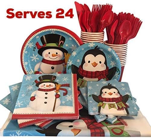 Christmas Paper Plates and Napkins – Snowman and Penguin Tableware with Cups, Utensils and Tablecloth (Serves 24)