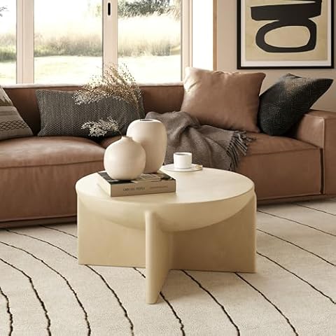 Limari Home Lerence Collection Modern Living Room Concrete Round Coffee Table, Beige Cover