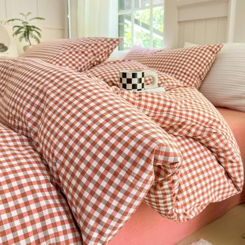 Image of LifeTB Gingham Comforter Set Full Modern Style Red Orange Grid Plaid Comforter Soft Fluffy 3 Pieces Checkered Pattern Comforter Set Farmhouse Orange Gingham Bedding Comforter with 2 Pillowcases