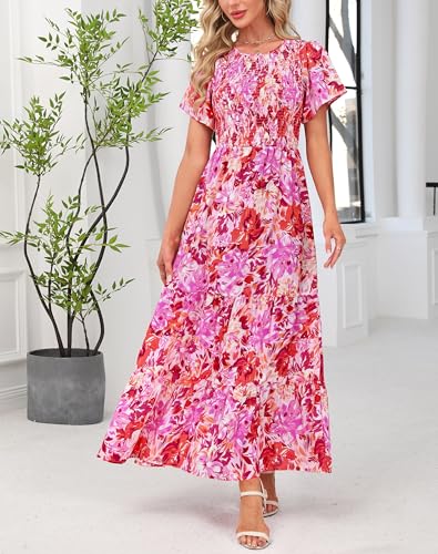 Image of Kranda Women 2025 Summer Fall Crewneck Short Sleeve Smocked Floral Maxi Dress