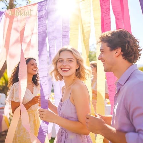 Image of AOBKIAT Purple Hot Pink Yellow Streamers Party Decorations,5 Rolls | Colorful Crepe Paper Streamers for Birthday Baby Shower Wedding Princess Butterfly Fairy Theme Party,DIY Tassel