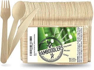 Disposable Wooden Cutlery set by Bamboodlers | 100% All-Natural, Eco-Friendly, Biodegradable, and Compostable - Because Earth is Awesome! Pack of 200- 16.5cm utensils (100 forks, 50 spoons, 50 knives)
