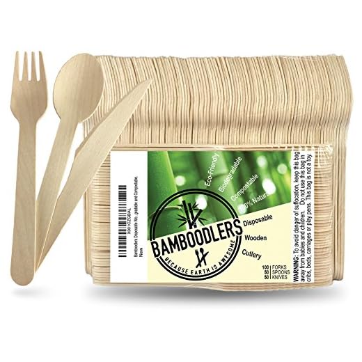 BAMBOODLERS Disposable Wooden Cutlery Set | 100% All-Natural, Eco-Friendly, Biodegradable, and Compostable - Because Earth is Awesome! Pack of 200- 6.5” utensils (100 forks, 50 spoons, 50 knives)