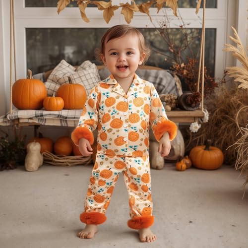 Toddler Baby Kids Girl Satin Pajamas Set Furry Pjs Button Down tops and pants Halloween Christmas Silk Sleepwear2