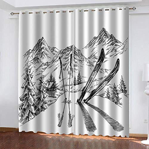Rvvaceo® Rideau Occultant Montagne De Ski Dessinée À La Main en Noir Et Blanc Fibre De Polyester Utilise La Technologie du Triple Tissage Rideaux De Fenêtre D'Effet 3D Isolant Thermique Insonorisatio
