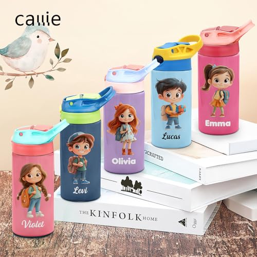 Image of callie Personalized Insulated Kids Water Bottle with Cartoon Character, Custom 12 oz Leak Proof Lid Stainless Steel Cups with Straw, Gifts for Boys Girls