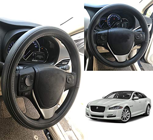 Image of Oshotto Artifical Leather SC-13 Car Steering Cover Compatible with Jaguar XJ (Black with White Thread)