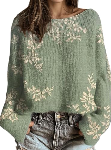 Women's Cute Graphic Oversized Lightweight Knitted Sweater Fall Vintage Floral Casual Long Sleeve Pullover Top