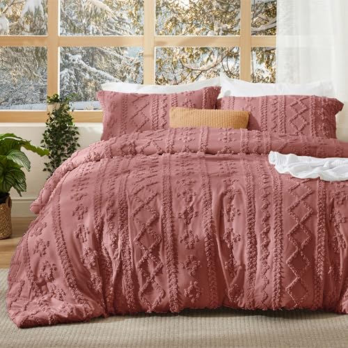 Image of Bedsure Tufted Boho Comforter Set Queen Size - Grayish Pink Boho Bed Set, GentleSoft 3 Pieces Farmhouse-Style Embroidery Bedding, Gifts for Woman, Soft Jacquard Kids' Queen Comforter for All Seasons