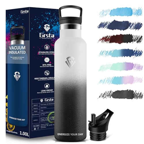 Grsta Botella Agua Acero Inoxidable, Botella Termica 1l, sin BPA, Botella agua Gimnasio, Cantimplora Termica para Adultos,...
