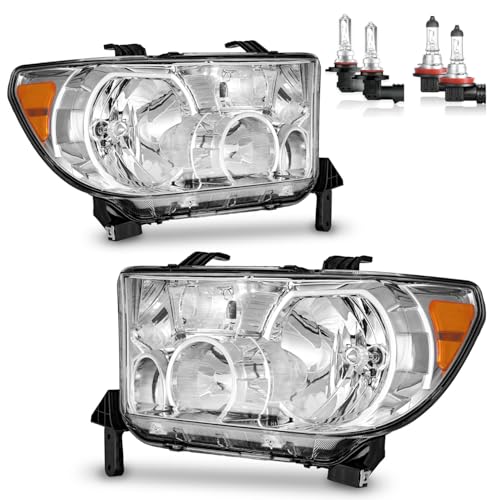ROADEAL Headlights W/Bulbs for 2007-2013 Toyota Tundra/2008-2017 Sequoia (Fits 12-14 Sequoia WITHOUT Headlight Washer Only NOT for models with leveling dial) Driver & Passenger Side