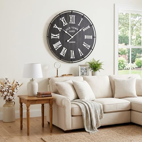 Image of EMAX HOME Inch Large Black Wall Clock, Rustic Distressed Wooden Dial with 3D White Roman Numerals, Silent Sweep Movement, High Contrast Farmhouse Decor for Bedroom, Kitchen, or Dining Room.