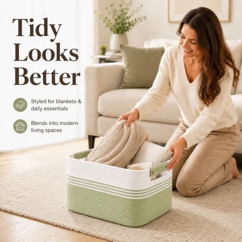 Image of 19.2GAL Sturdy Large Laundry Basket with Handles for Bathroom, Dorm Dirty Clothes, Portable Aesthetic Boho Cute Woven Storage Blanket Baskets for Living Room Decor Girls Boys Pets Toys White Green