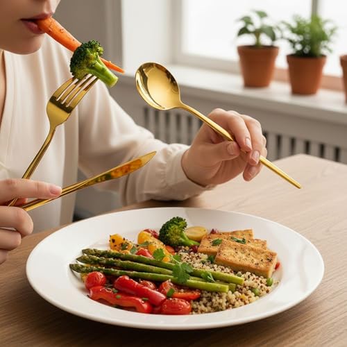 Image of 5 Pcs Gold Cutlery Set for Dining Table the Perfect Lightweight Silim Handle Tableware Including Dinner Spoon, Dinner Fork, Dinner Knife, Dessert Spoon & Dessert Fork
