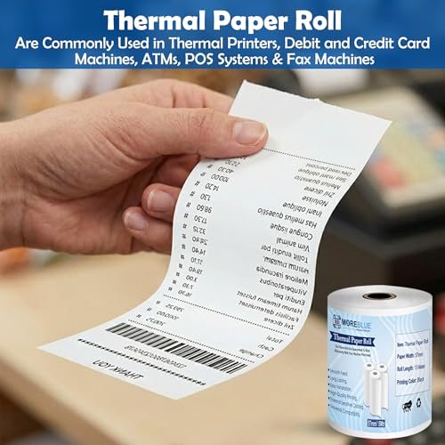 Image of MOREBLUE Credit Card, Food Bills Direct Thermal Receipt Paper Roll, Pack of 50 57mm(2 inch) x 15 Meter, Ink Free Print for POS, Credit Card Machines, & Petrol Pumps