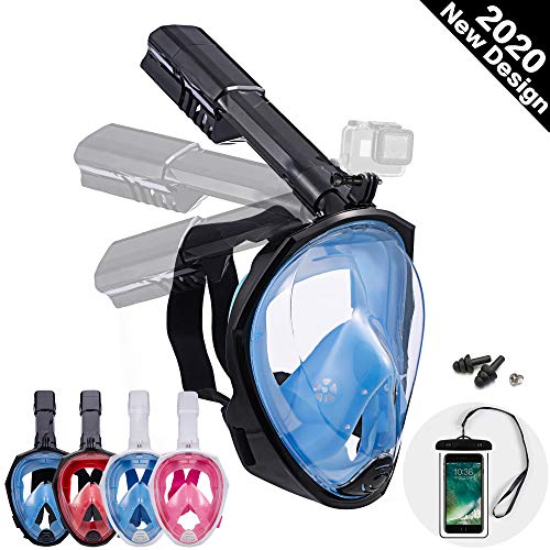 Dekugaa Full Face Snorkel Mask, Snorkeling Mask with Detachable Camera Mount, Panoramic 180° View Upgraded Dive Mask with Safety Breathing System Dry Top Set Anti-Fog Anti-Leak